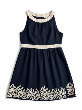 LOFT Women’s Black A-line Dress with Beige Trim and Hem Motif 6P